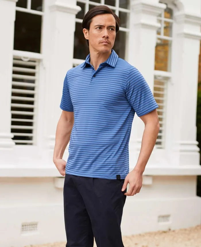 Savile Row Company Blue Navy Stripe Short Sleeve Active Polo Shirt Blue Navy Stripe Men Casual Tops