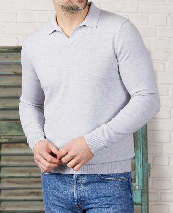 Savile Row Company Light Grey CottonBlend Open Collar Knit Polo Grey Men Casual Tops Savile Row Company Light Grey CottonBlend Open Collar Knit Polo Grey Men Casual Tops