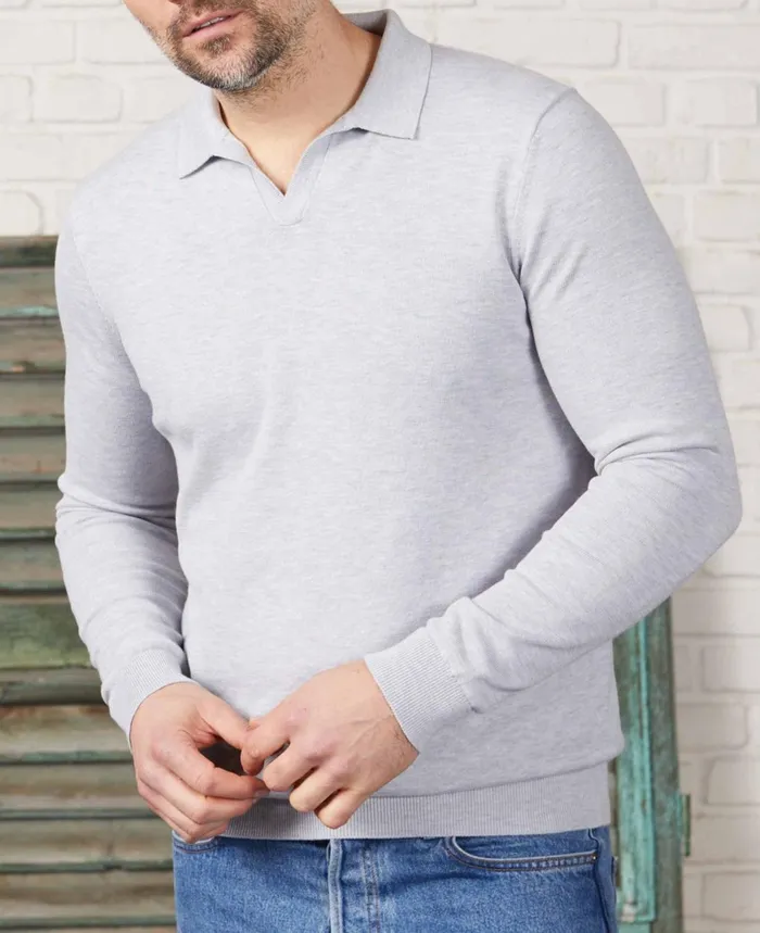 Savile Row Company Light Grey CottonBlend Open Collar Knit Polo Grey Men Casual Tops Savile Row Company Light Grey CottonBlend Open Collar Knit Polo Grey Men Casual Tops
