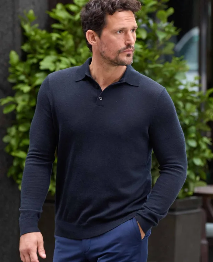 Savile Row Company Navy Merino Wool Knitted Polo Shirt Navy Men Casual Tops