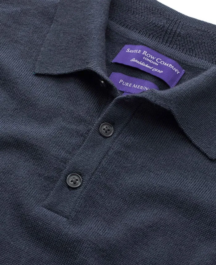 Savile Row Company Navy Merino Wool Knitted Polo Shirt Navy Men Casual Tops