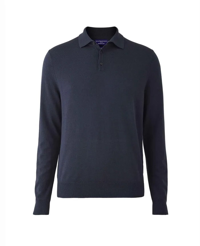 Savile Row Company Navy Merino Wool Knitted Polo Shirt Navy Men Casual Tops