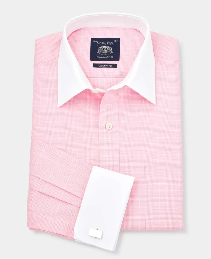 Savile Row Company Pink Prince Of Wales Check Classic Fit Contrast Collar Formal Shirt With White Collar and Cuffs Pink Pow Men Formal Shirts Savile Row Company Pink Prince Of Wales Check Classic Fit Contrast Collar Formal Shirt With White Collar and Cuffs Pink Pow Men Formal Shirts