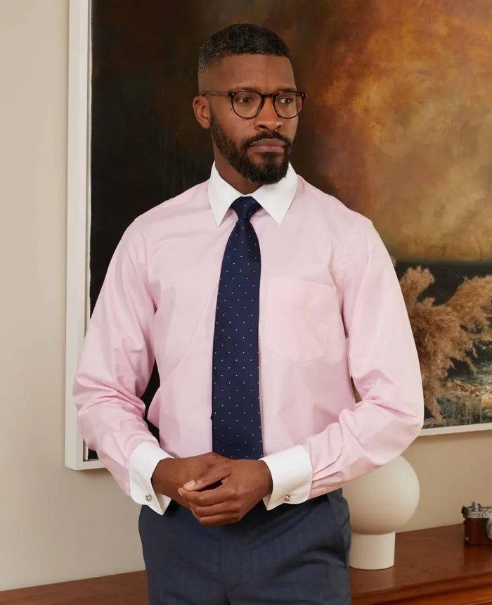 Savile Row Company Pink Prince Of Wales Check Classic Fit Contrast Collar Formal Shirt With White Collar and Cuffs Pink Pow Men Formal Shirts