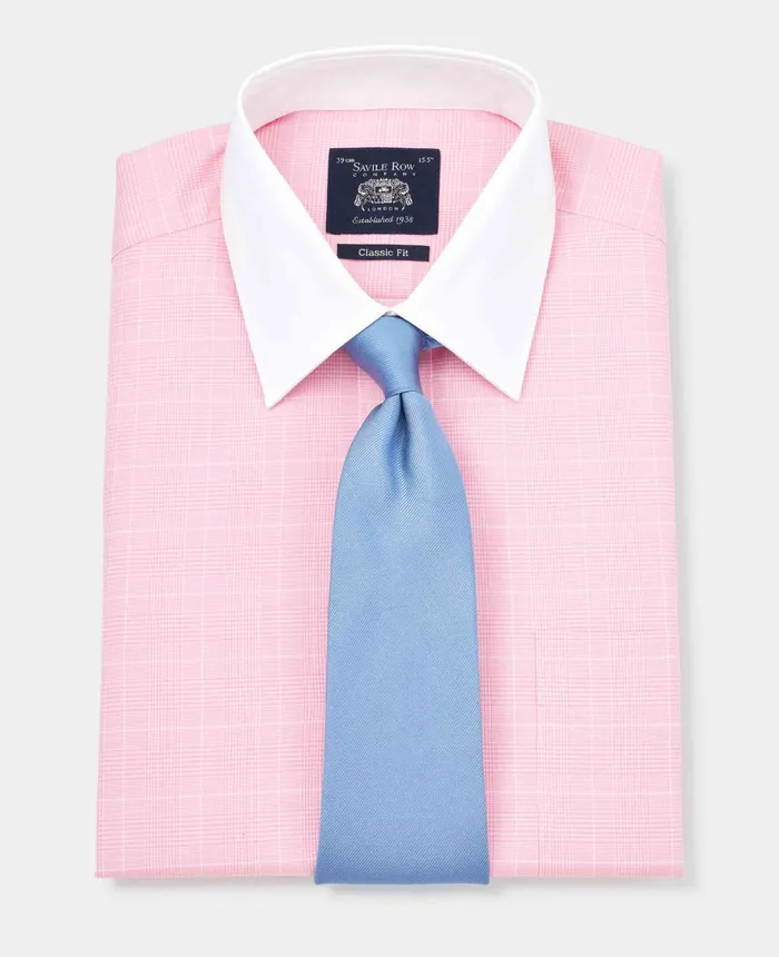 Savile Row Company Pink Prince Of Wales Check Classic Fit Contrast Collar Formal Shirt With White Collar and Cuffs Pink Pow Men Formal Shirts