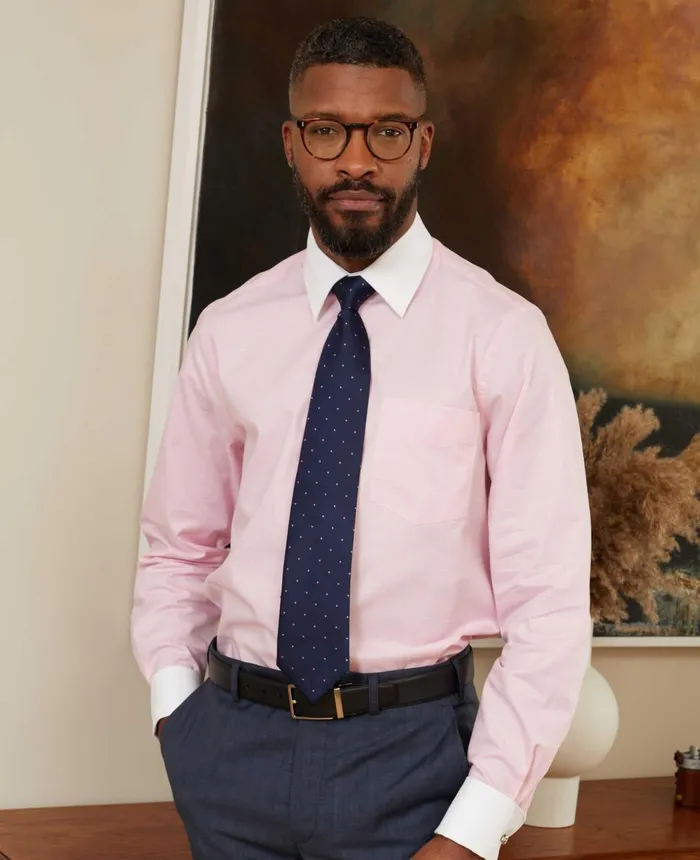 Savile Row Company Pink Prince Of Wales Check Classic Fit Contrast Collar Formal Shirt With White Collar and Cuffs Pink Pow Men Formal Shirts
