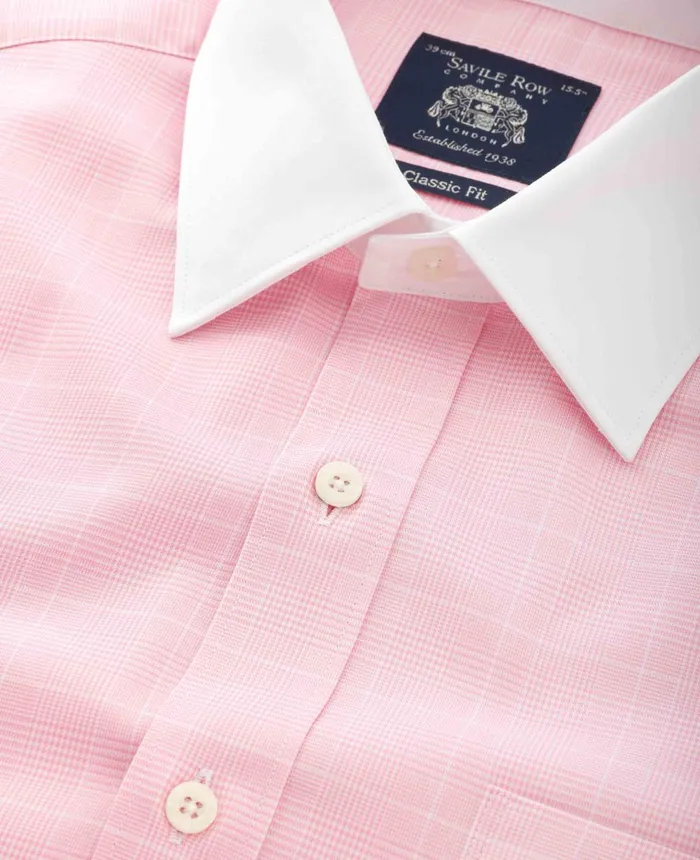 Savile Row Company Pink Prince Of Wales Check Classic Fit Contrast Collar Formal Shirt With White Collar and Cuffs Pink Pow Men Formal Shirts