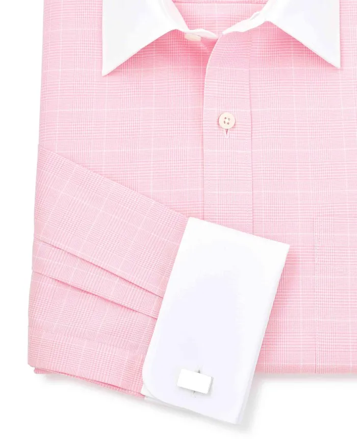 Savile Row Company Pink Prince Of Wales Check Classic Fit Contrast Collar Formal Shirt With White Collar and Cuffs Pink Pow Men Formal Shirts