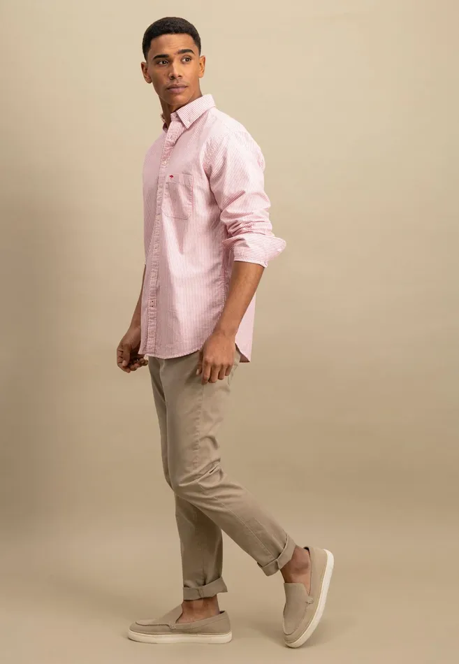 Shirts Men FYNCHHATTON Shirt In The Filigree Strip Look And Buttondown Collar Poppy Rednavyturf Green