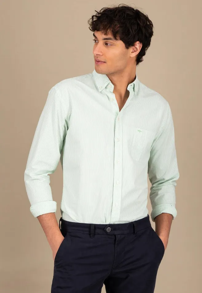 Shirts Men FYNCHHATTON Shirt In The Filigree Strip Look And Buttondown Collar Poppy Rednavyturf Green