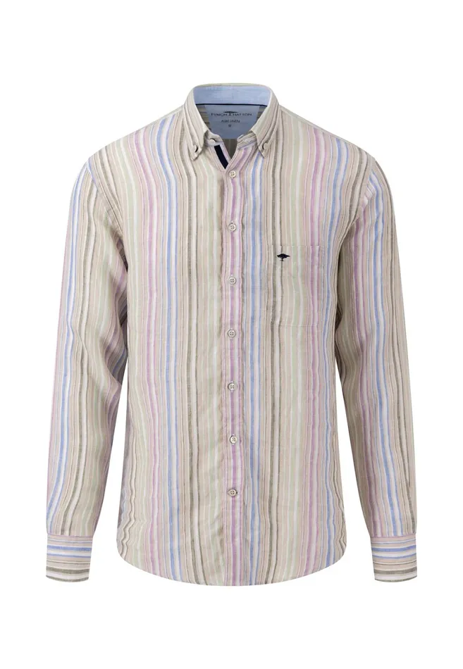 Shirts Men FYNCHHATTON Stylish Linen Shirt With Stripes Navycrystal Bluesoft Greenwhite