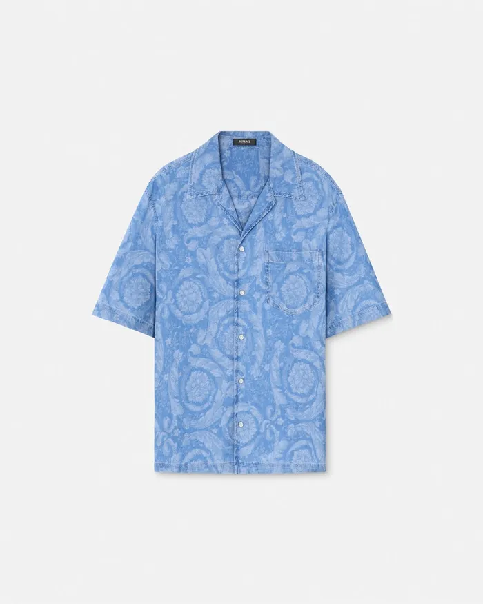 Shirts Men Versace Barocco Chambray Denim Shirt Blue