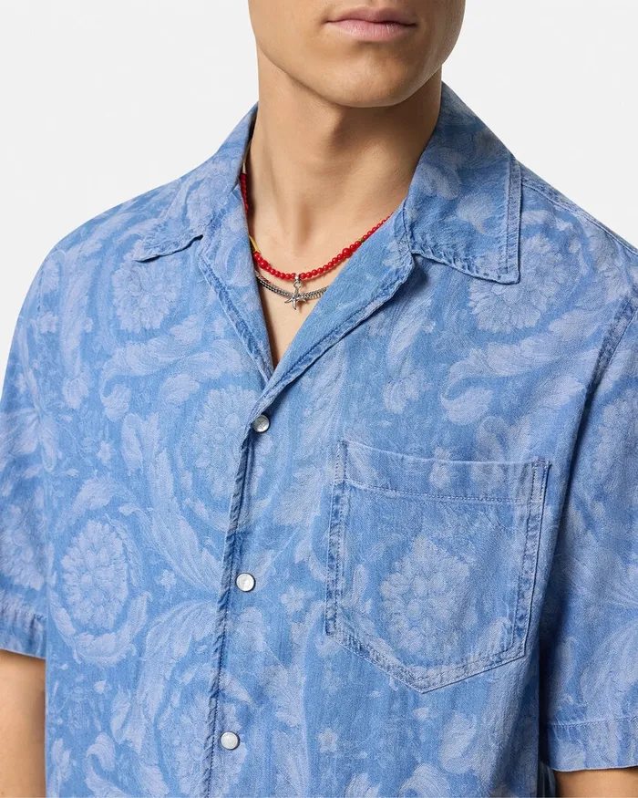 Shirts Men Versace Barocco Chambray Denim Shirt Blue