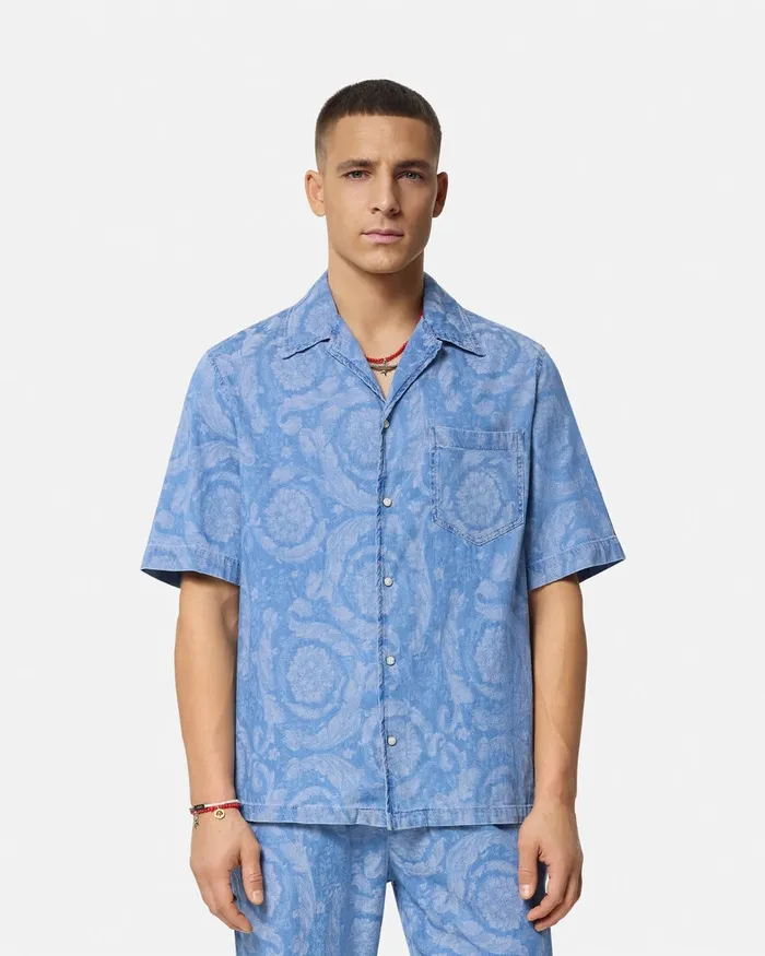 Shirts Men Versace Barocco Chambray Denim Shirt Blue