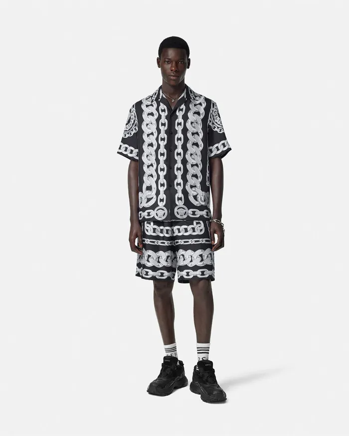 Shirts Men Versace Medusa Chains Silk Shirt Print