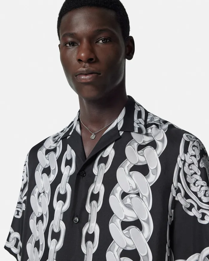 Shirts Men Versace Medusa Chains Silk Shirt Print