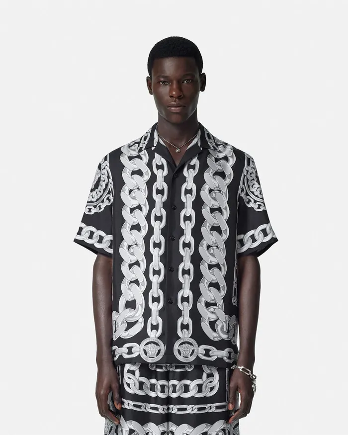 Shirts Men Versace Medusa Chains Silk Shirt Print