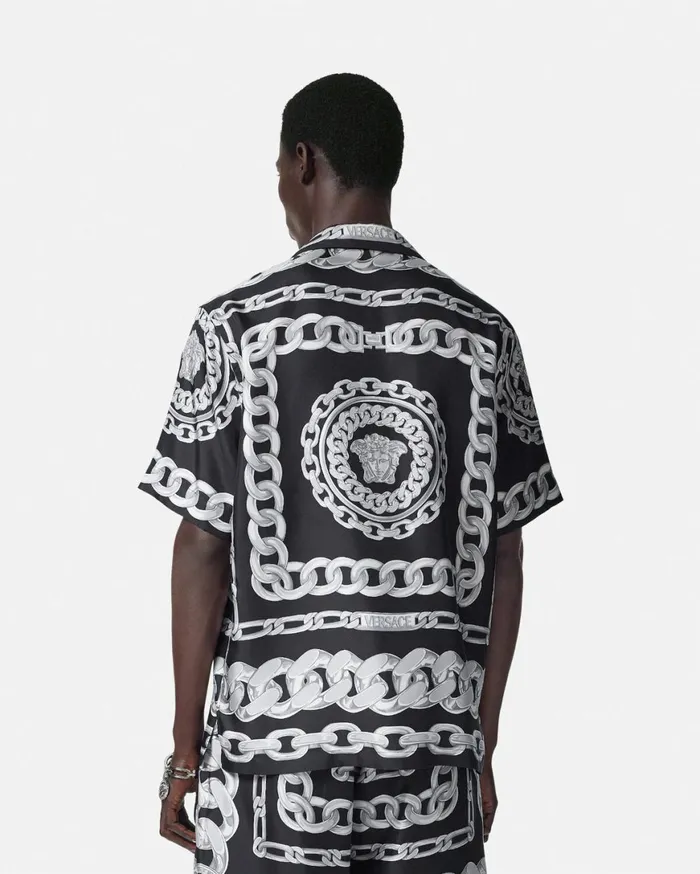 Shirts Men Versace Medusa Chains Silk Shirt Print