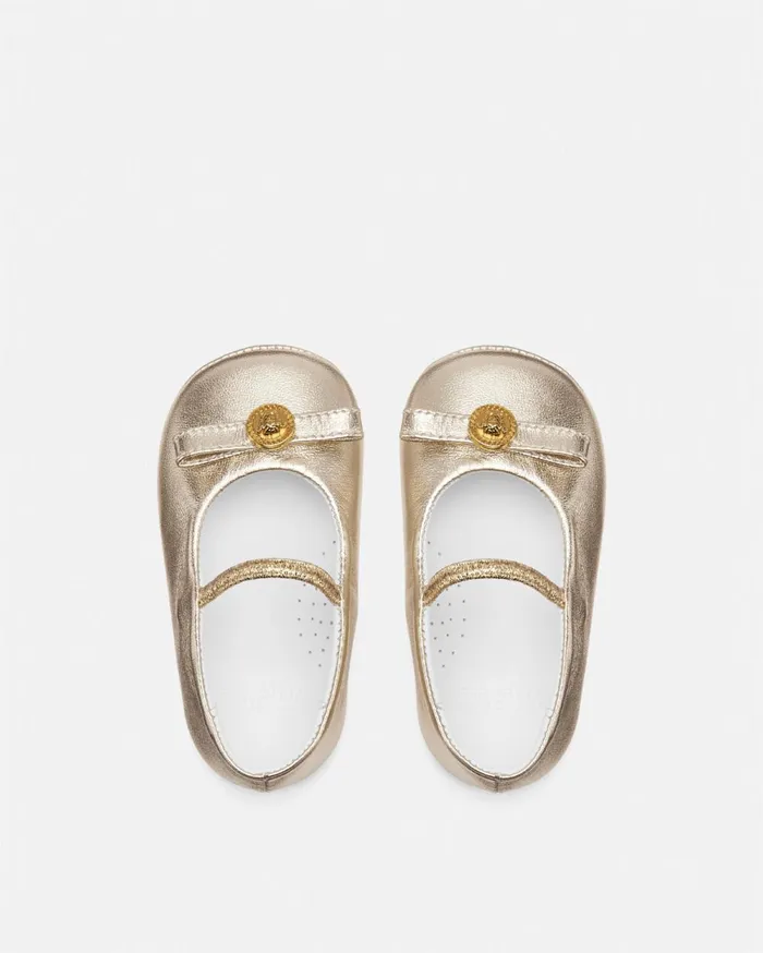 Shoes and First Steps Kids Versace Gianni Ribbon Baby Metallic Ballerinas Gold