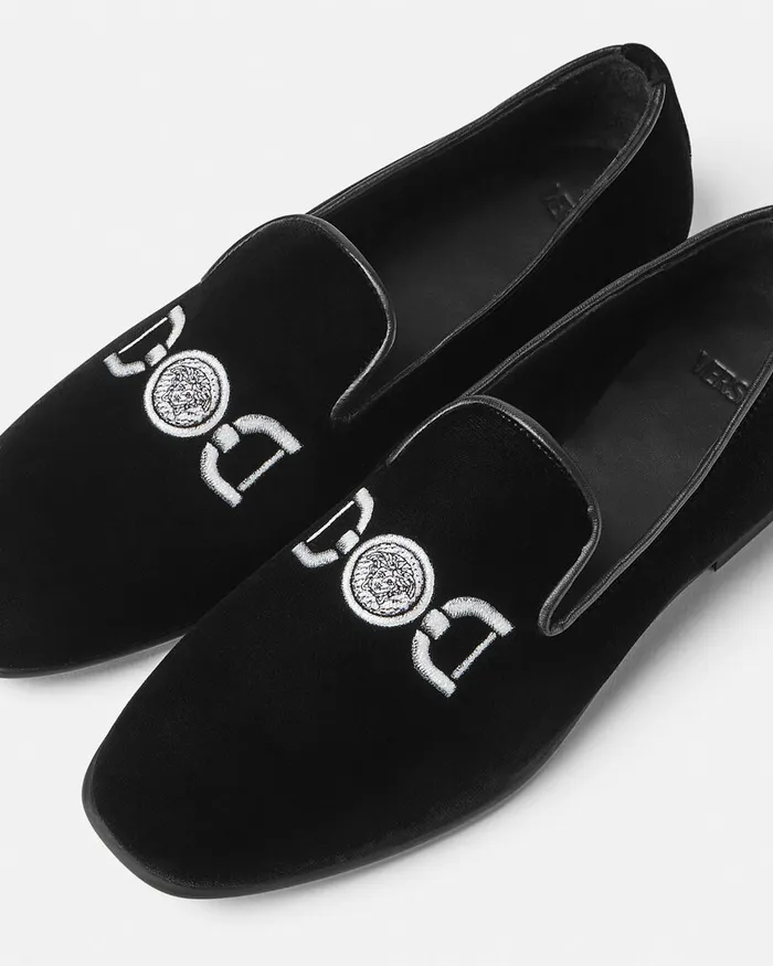 Shoes Kids Versace Embroidered Velvet Slippers Black