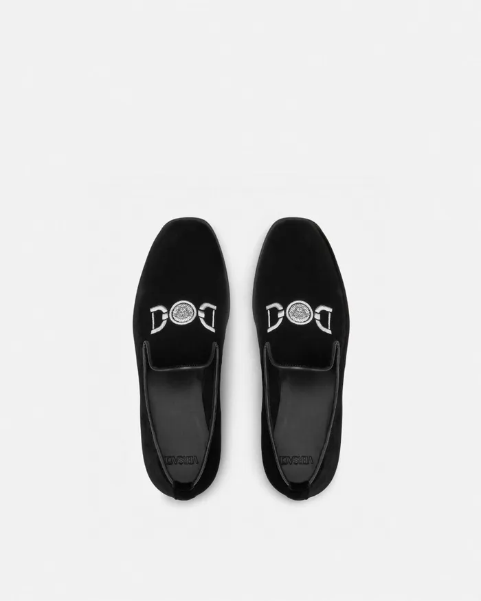 Shoes Kids Versace Embroidered Velvet Slippers Black