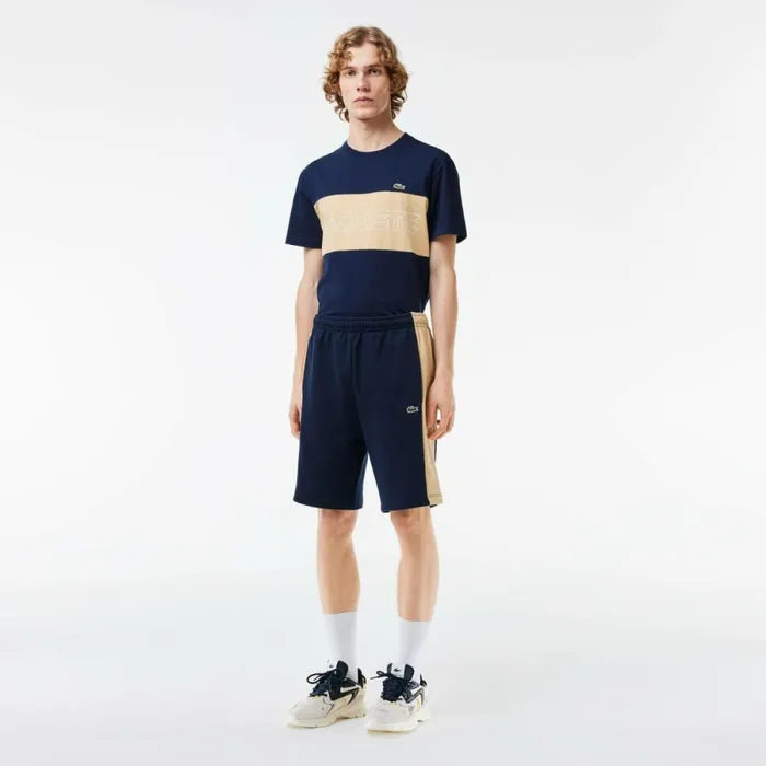 Shorts and Swim Men Lacoste Men039s Colorblock Fleece Shorts Navy Blue Beige Ip7
