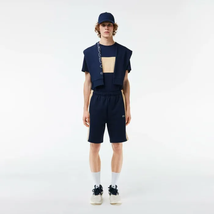 Shorts and Swim Men Lacoste Men039s Colorblock Fleece Shorts Navy Blue Beige Ip7