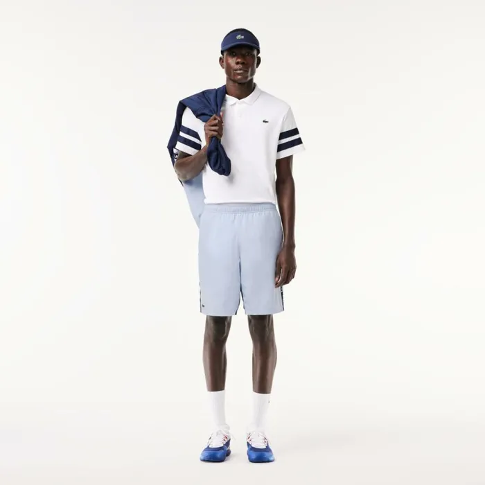 Shorts and Swim Men Lacoste Men039s Logo Stripe Tennis Shorts Light Blue Navy Blue X1j