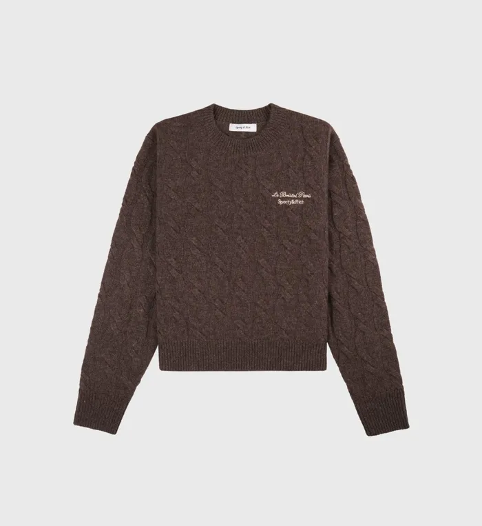 Sporty and Rich Knitwear Women Faubourg Cableknit Wool Cashmere Crewneck 8211 ChocolateCream