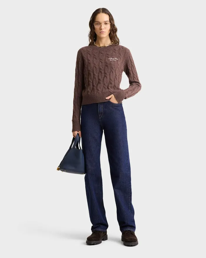 Sporty and Rich Knitwear Women Faubourg Cableknit Wool Cashmere Crewneck 8211 ChocolateCream
