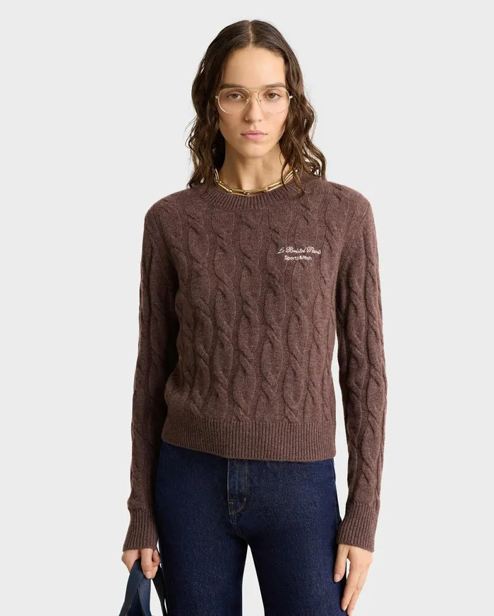 Sporty and Rich Knitwear Women Faubourg Cableknit Wool Cashmere Crewneck 8211 ChocolateCream