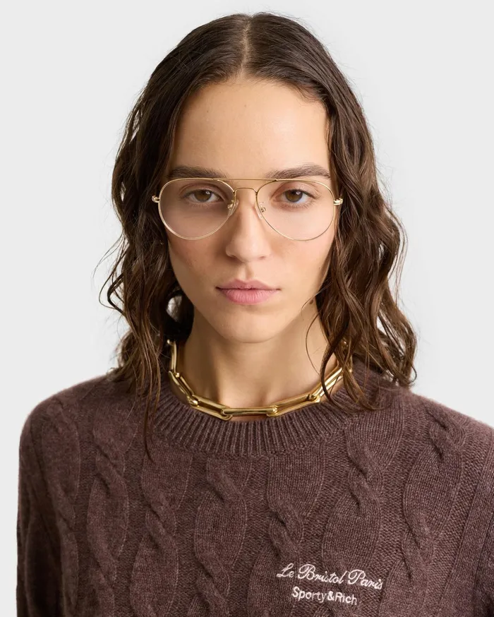 Sporty and Rich Knitwear Women Faubourg Cableknit Wool Cashmere Crewneck 8211 ChocolateCream
