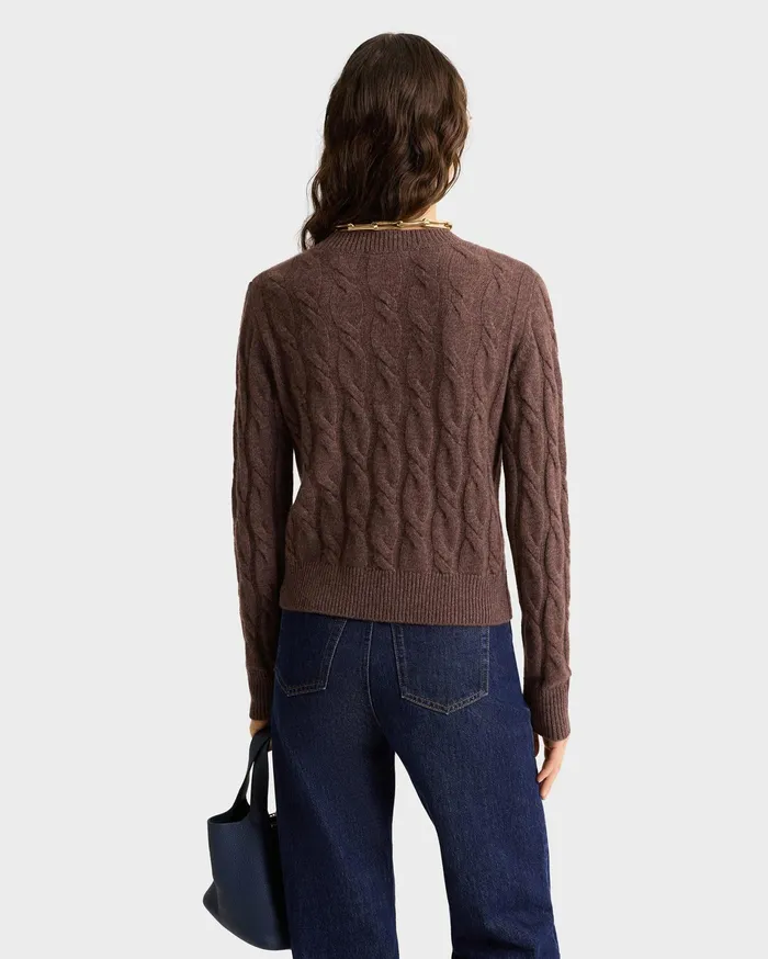Sporty and Rich Knitwear Women Faubourg Cableknit Wool Cashmere Crewneck 8211 ChocolateCream