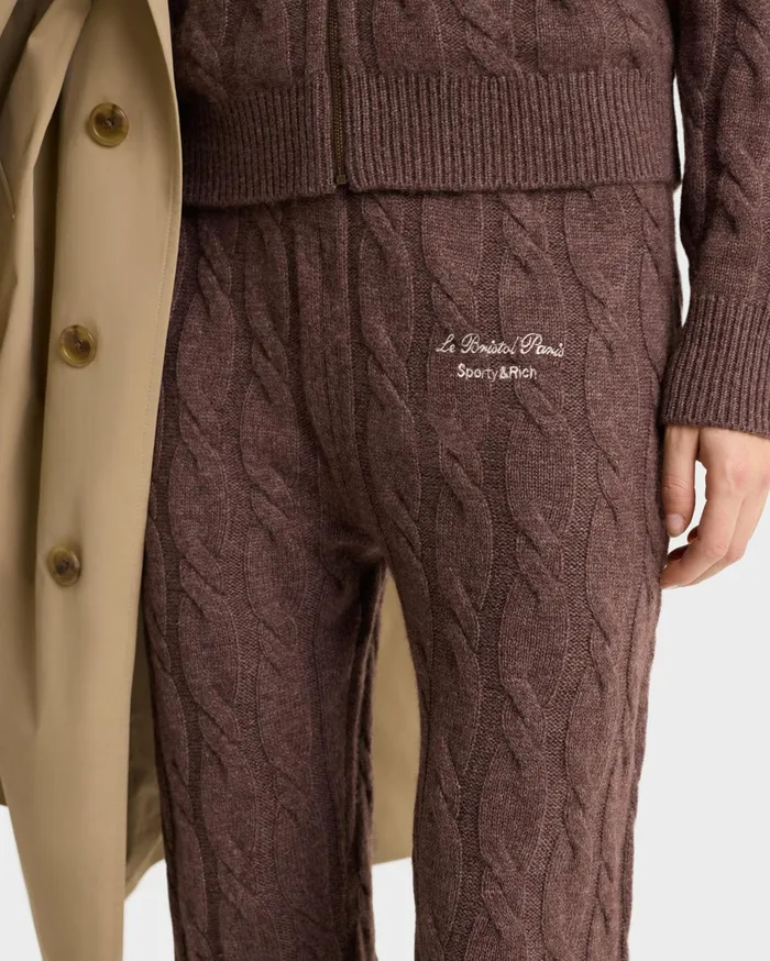 Sporty and Rich Knitwear Women Faubourg Cableknit Wool Cashmere Pants 8211 ChocolateCream
