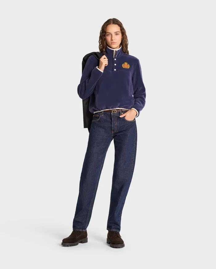 Sporty and Rich Polar Fleece And Sherpa Women NY Crest Polar Sweatshirt 8211 NavyGold