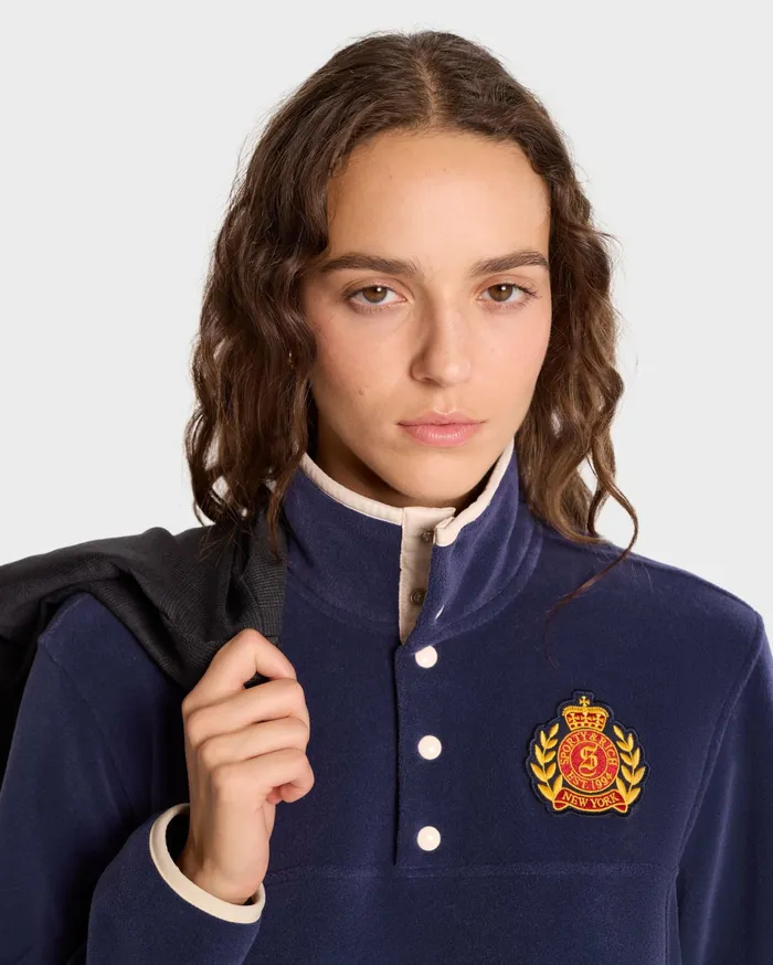 Sporty and Rich Polar Fleece And Sherpa Women NY Crest Polar Sweatshirt 8211 NavyGold