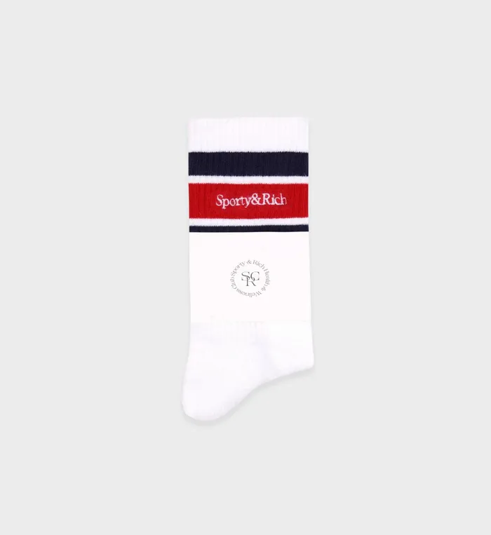 Sporty and Rich Socks Women Serif Logo Striped Socks 8211 WhiteNavyRuby
