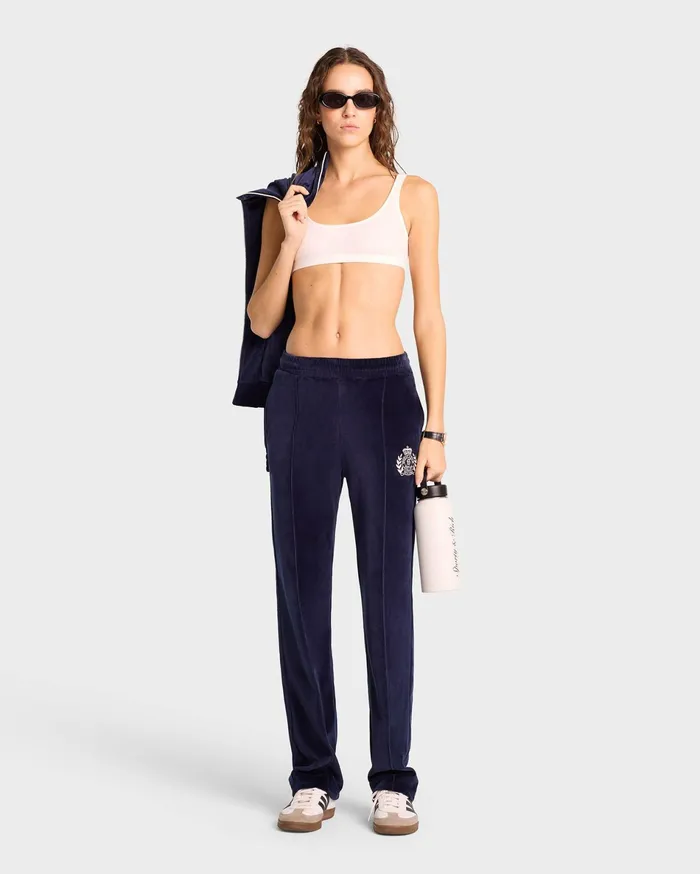 Sporty and Rich Sweatpants Women NY Crest Velour Track Pant 8211 NavyCream