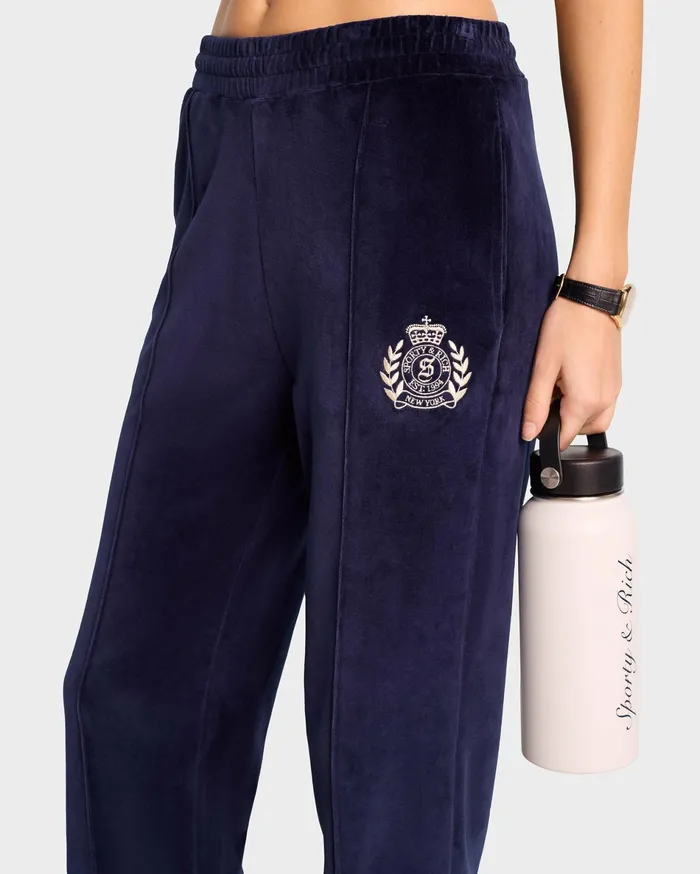 Sporty and Rich Sweatpants Women NY Crest Velour Track Pant 8211 NavyCream