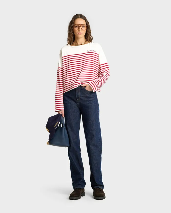 Sporty and Rich TShirts and Tops Women Serif Logo Mariniere Sweater 8211 Off WhiteRed Stripe