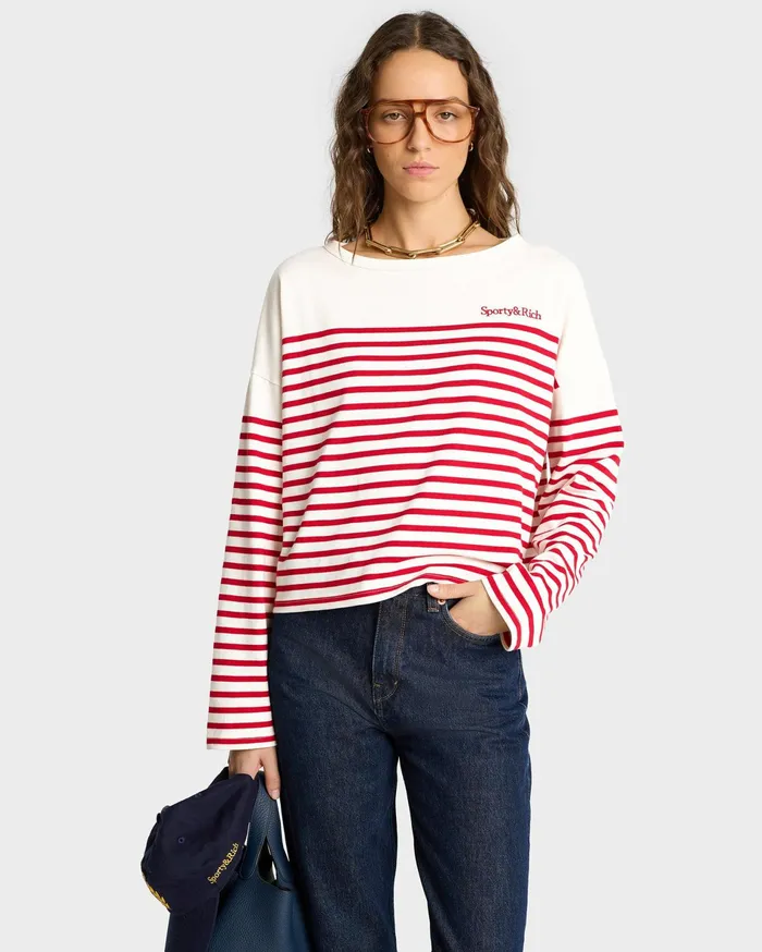 Sporty and Rich TShirts and Tops Women Serif Logo Mariniere Sweater 8211 Off WhiteRed Stripe