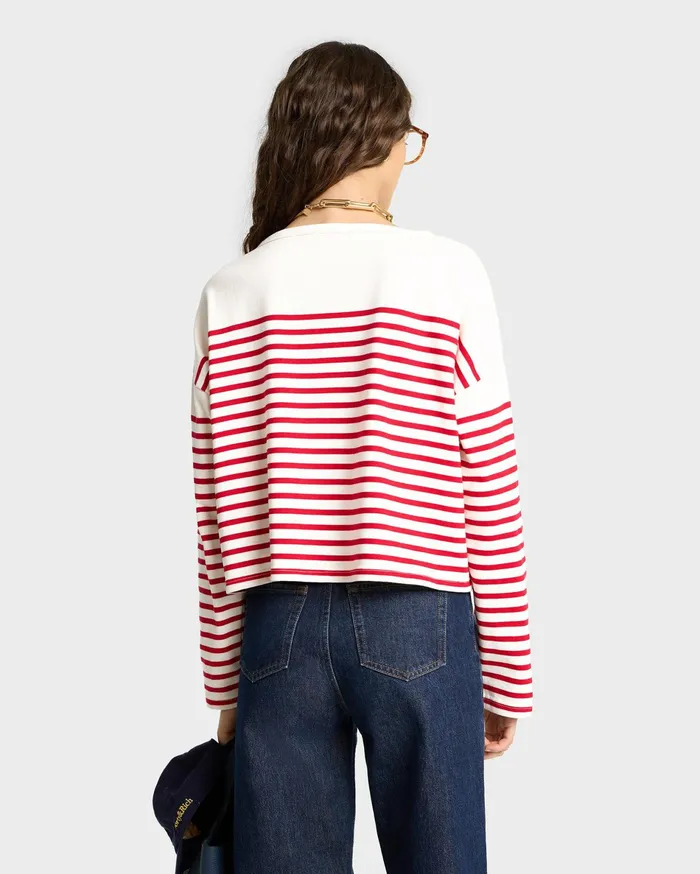Sporty and Rich TShirts and Tops Women Serif Logo Mariniere Sweater 8211 Off WhiteRed Stripe