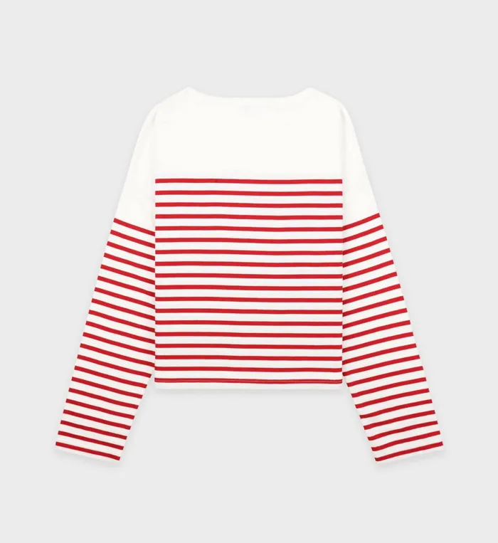 Sporty and Rich TShirts and Tops Women Serif Logo Mariniere Sweater 8211 Off WhiteRed Stripe