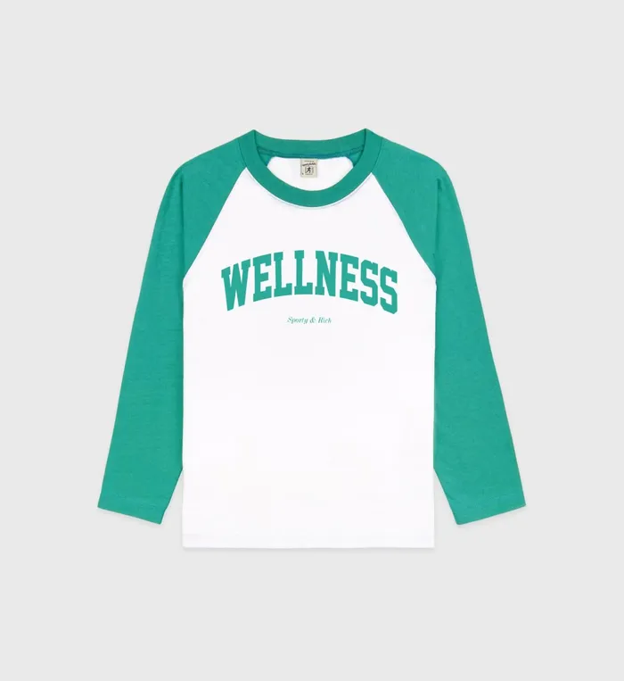 Sporty and Rich TShirts and Tops Women Wellness Ivy Baseball Tee 8211 WhiteSpring Green Sporty and Rich TShirts and Tops Women Wellness Ivy Baseball Tee 8211 WhiteSpring Green