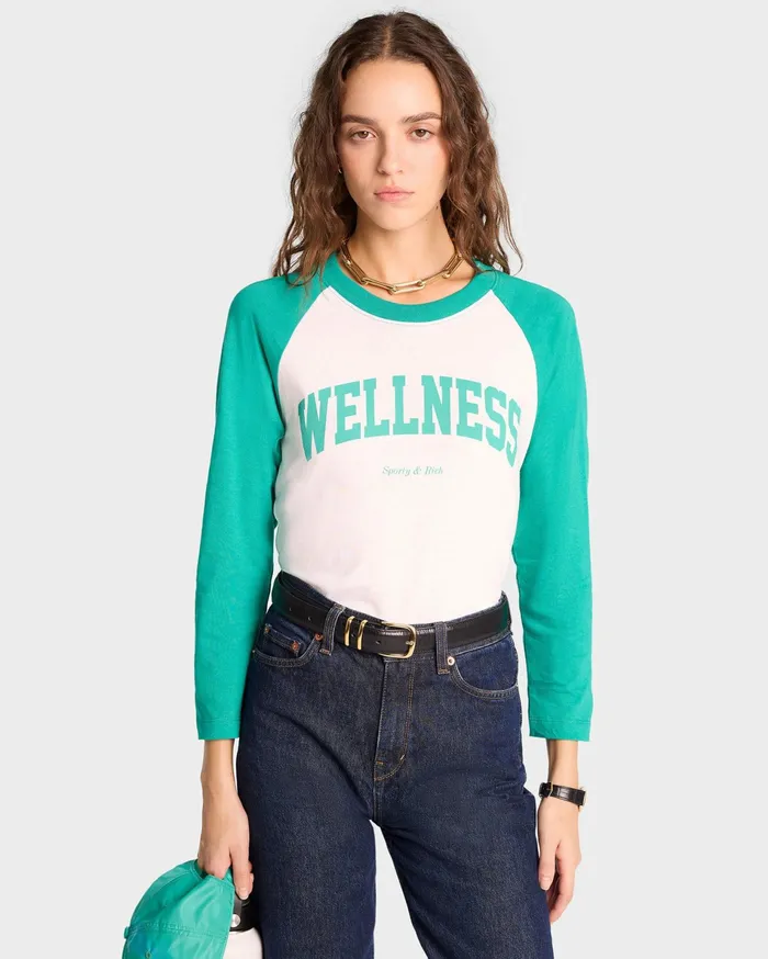 Sporty and Rich TShirts and Tops Women Wellness Ivy Baseball Tee 8211 WhiteSpring Green