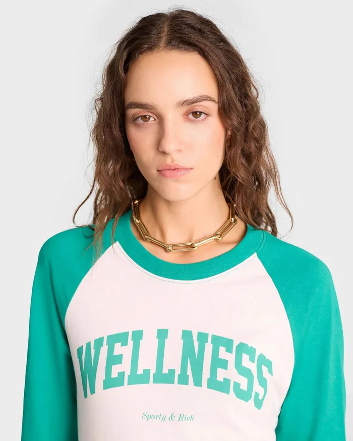 Sporty and Rich TShirts and Tops Women Wellness Ivy Baseball Tee 8211 WhiteSpring Green