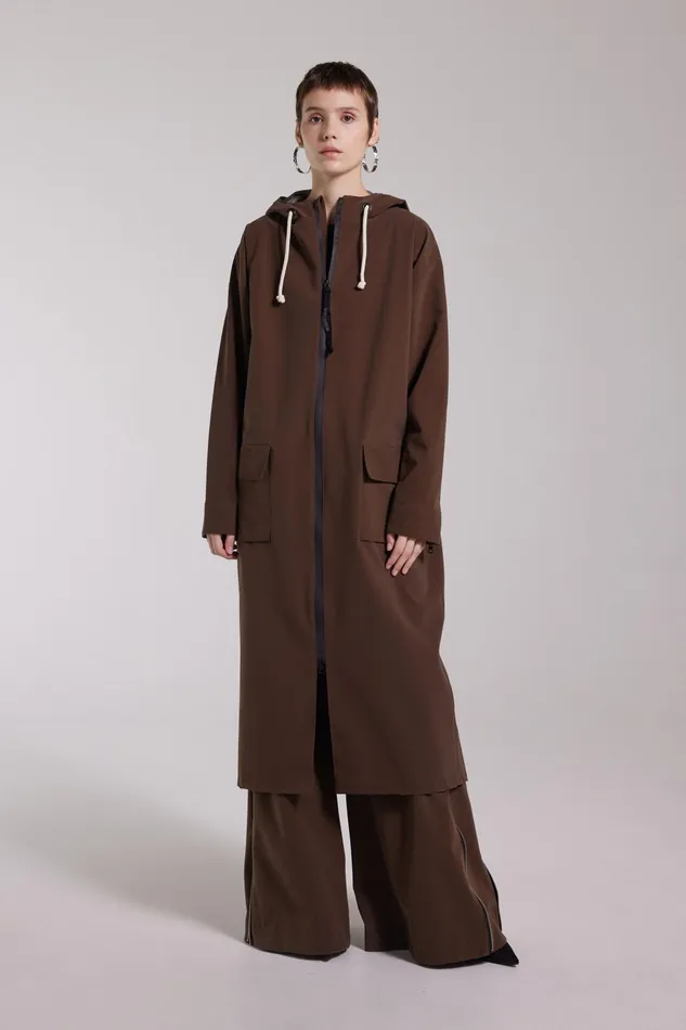 Stutterheim Sandviken Long Zip Matte Raincoat Dark Brown Women Long Raincoats