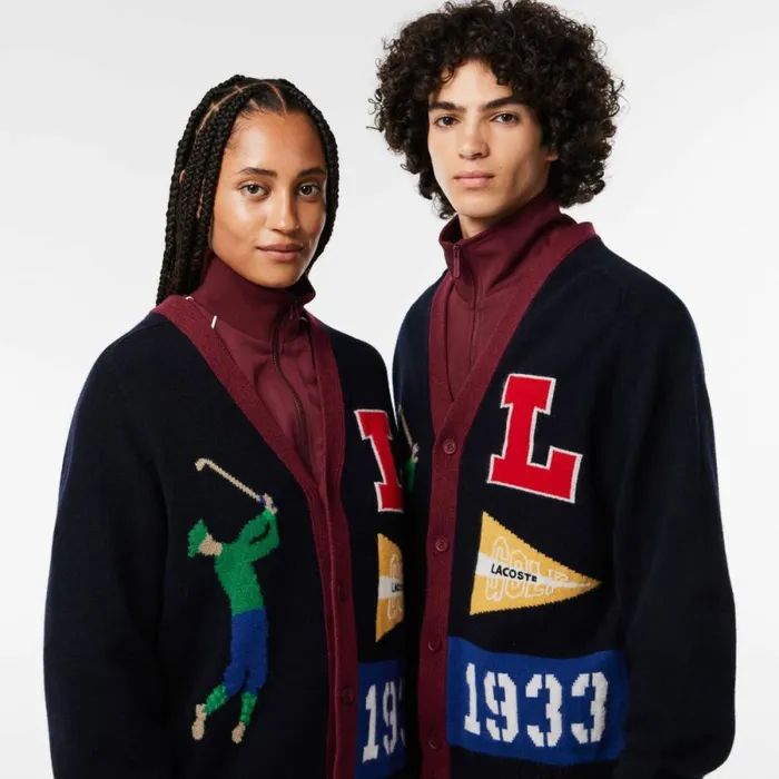 Sweaters and Sweatshirts MenWomen Lacoste Unisex Golfer Motif Cardigan Navy Blue White Qrn