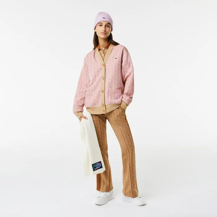Sweaters and Sweatshirts MenWomen Lacoste Women039s Loose Fit Monogram Print Cardigan Light Pink Beige Nxg