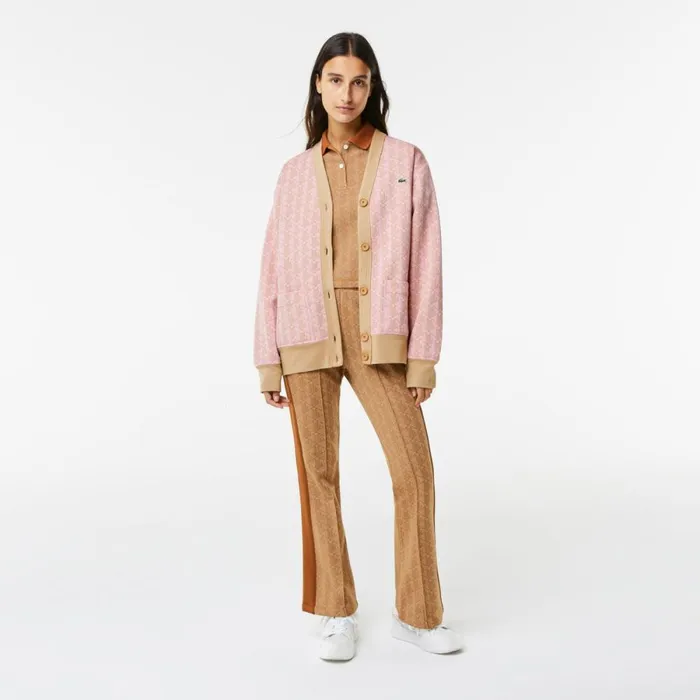Sweaters and Sweatshirts MenWomen Lacoste Women039s Loose Fit Monogram Print Cardigan Light Pink Beige Nxg